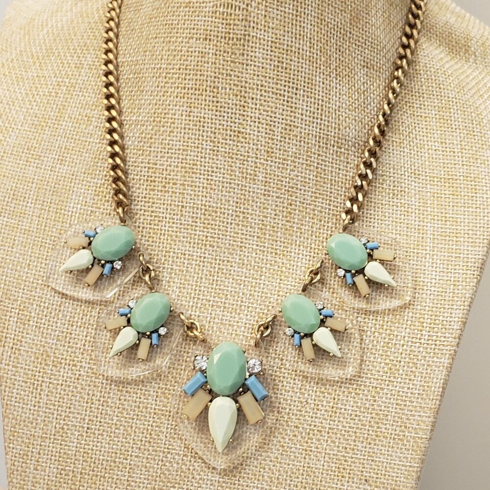 J. Crew, vintage gold tone jeweled green tan blue clear statement necklace